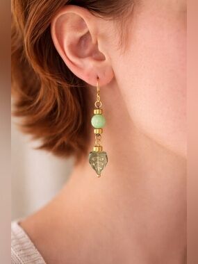 Green Aventurine Leaf Drop Earrings | Gold Tone | Nature Inspired | Boho Dangle